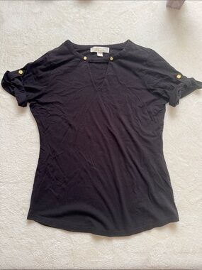 Michael Kors Black Short Sleeve Tee with Gold Button Tabs
